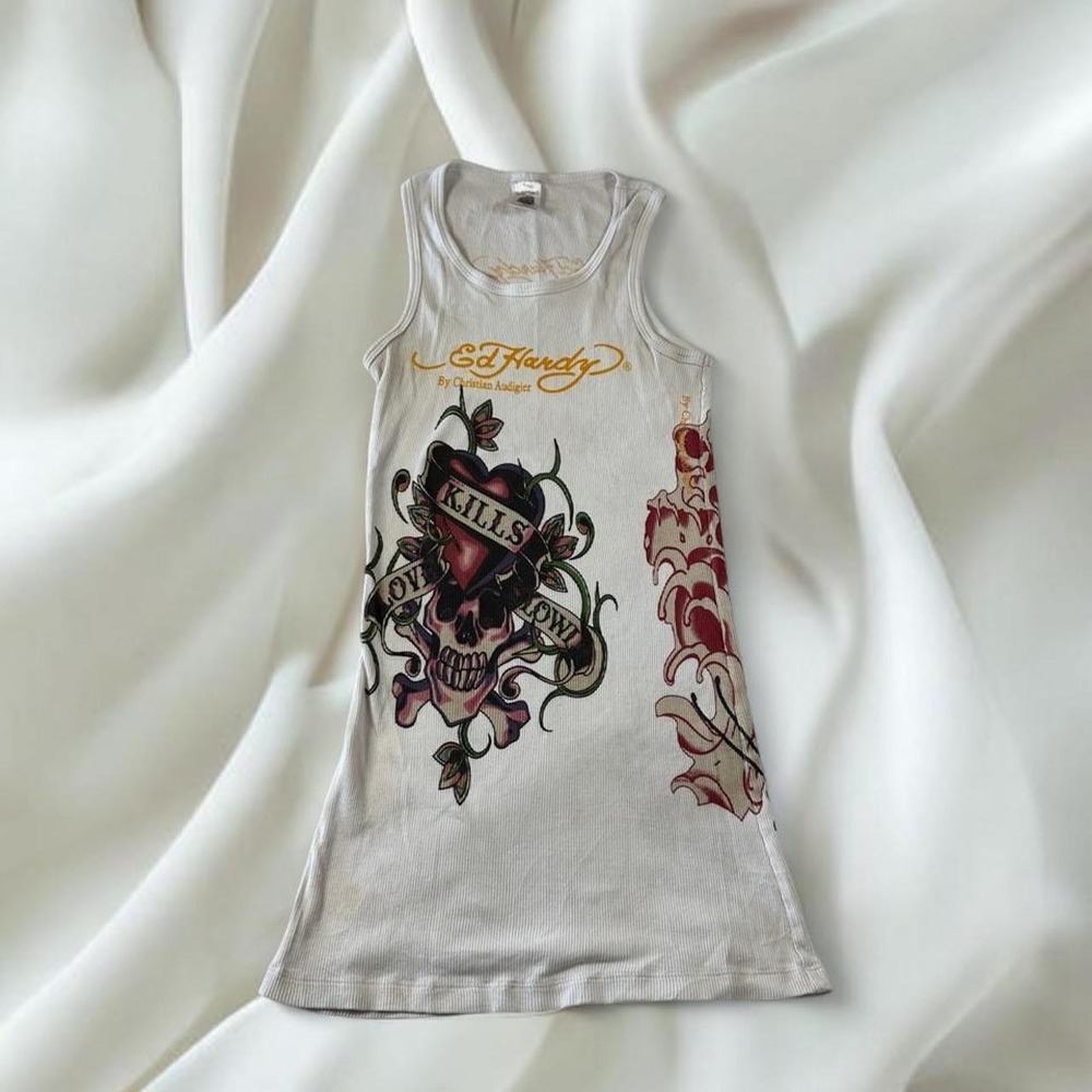 Ed Hardy white Love Kills Slowly skull heart tattoo graphic ribbed tank top y2k